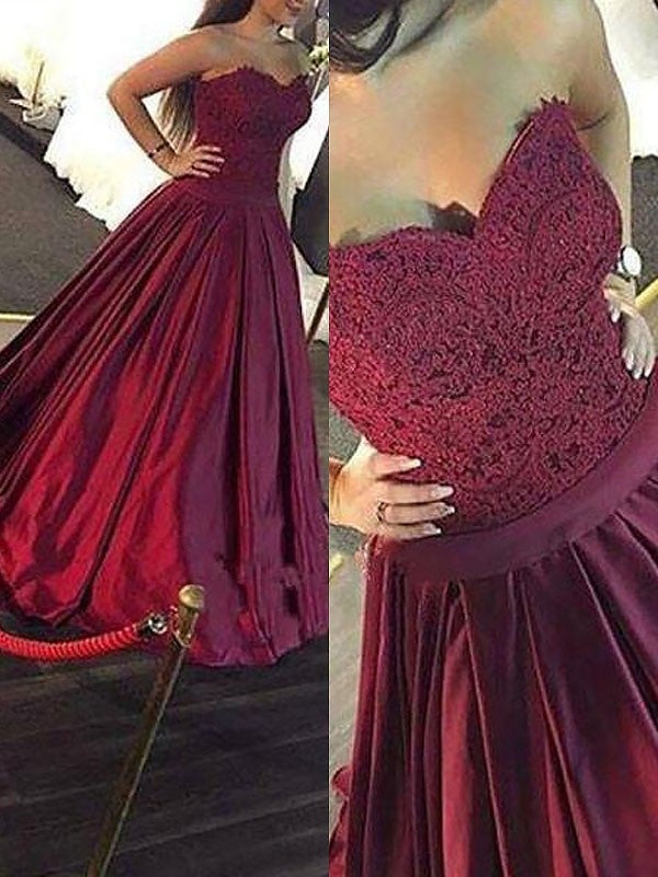 Ball Gown Sleeveless Sweetheart Lace Floor-Length Satin Dresses - Prom Dresses