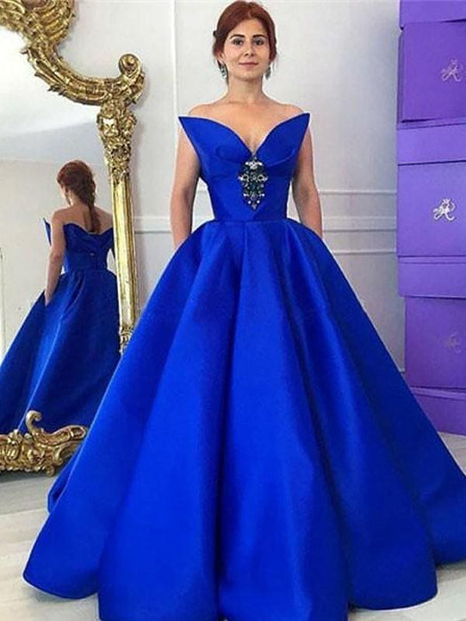 Ball Gown Sleeveless V-Neck With Ruffles Floor-Length Satin Dresses - Prom Dresses