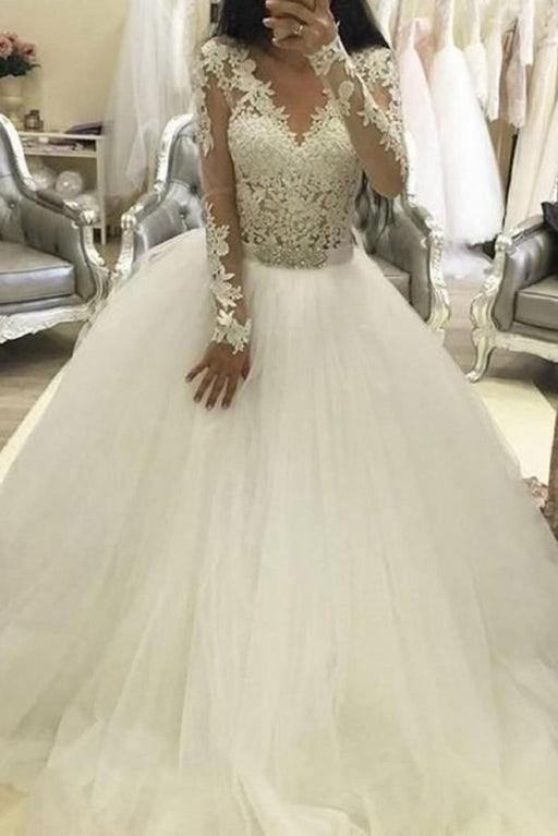 Ball Gown Sleeves V Neck Tulle Princess Long Wedding Dress - Wedding Dresses