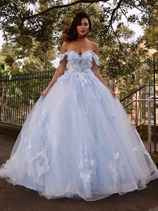 Ball Gown Tulle Applique Off-the-Shoulder Sleeveless Sweep/Brush Train Dresses - Prom Dresses