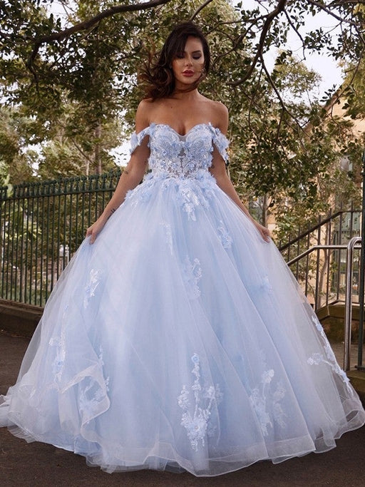 Ball Gown Tulle Applique Off-the-Shoulder Sleeveless Sweep/Brush Train Dresses - Prom Dresses