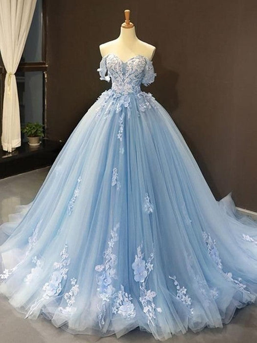 Ball Gown Tulle Off-the-Shoulder Sleeveless Applique Sweep/Brush Train Dresses - Prom Dresses