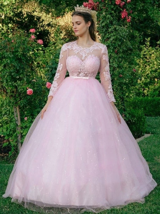 Ball Gown Tulle Scoop Lace Long Sleeves Sweep/Brush Train Dresses - Prom Dresses