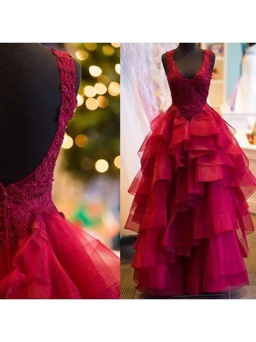 Ball Gown Tulle V-neck Sleeveless Floor-Length With Applique Dresses - Prom Dresses