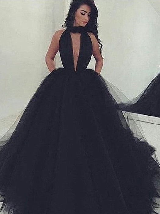 Ball Gown V-neck Sleeveless Court Train Tulle Dresses - Prom Dresses