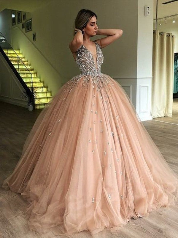 Ball Gown Tulle V-neck Beading Sleeveless Floor-Length Prom Dresses main image 0