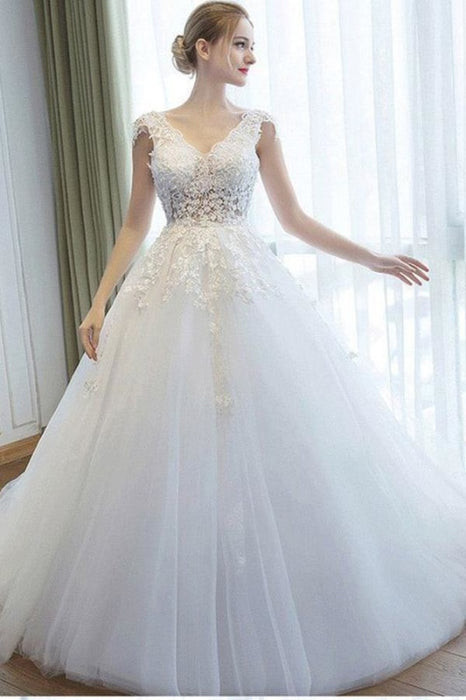Ball Gown V Neck Tulle Court Train Appliques Lace Backless Wedding Dress - Wedding Dresses