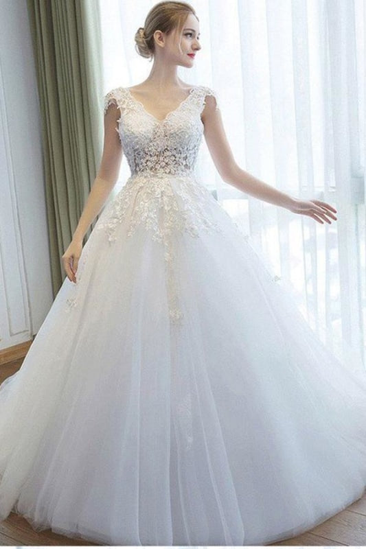 Ball Gown V Neck Tulle Court Train Appliques Lace Backless Wedding Dress - Wedding Dresses