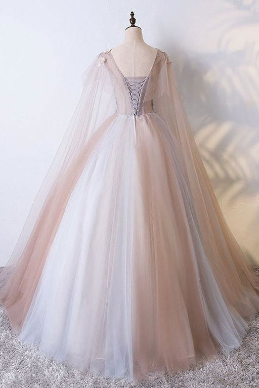 Ball Gown V Neck Tulle Prom Dress with Appliques Unique Floor Length Quinceanera Dresses - Prom Dresses