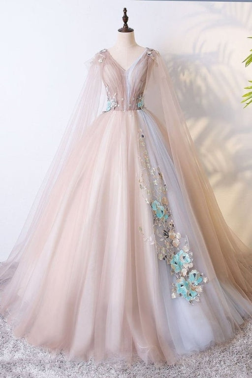Ball Gown V Neck Tulle Prom Dress with Appliques Unique Floor Length Quinceanera Dresses - Prom Dresses
