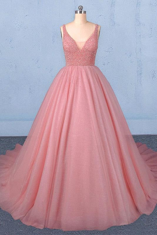 Ball Gown V Neck Tulle Prom Dress with Beads Puffy Sleeveless Quinceanera Dresses - Prom Dresses