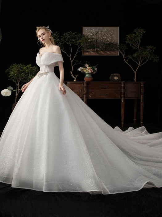 Ball Gown Wedding Dress Princess Silhouette Cathedral Train Off The-Sh — Bridelily