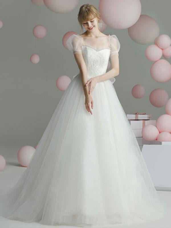 Ball Gown Wedding Dress Princess Silhouette Sweetheart Neck Short Sleeves Basque Waist Chapel Train Bridal Dresses