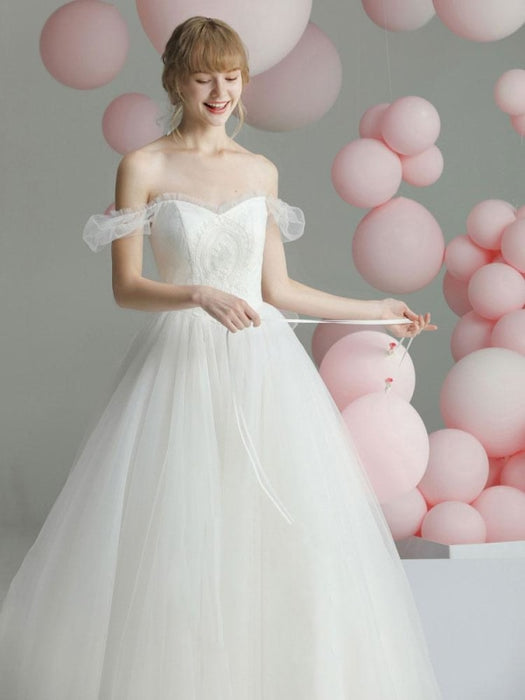 Ball Gown Wedding Dress Princess Silhouette Sweetheart Neck Short Sleeves Basque Waist Chapel Train Bridal Dresses