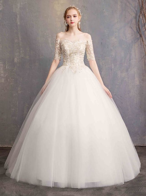 Ball Gown Wedding Dresses Off Shoulder Floor Length Tulle Lace Over Satin Half Sleeve Glamorous Illusion Detail with Lace 2020 \ Bell Sleeve