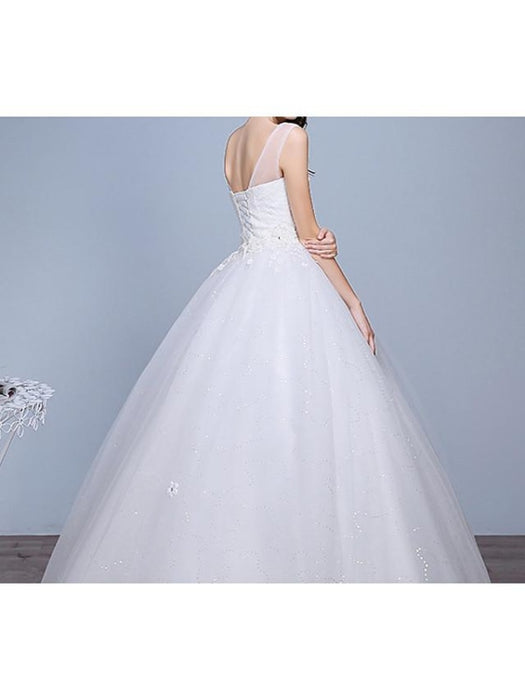 Ball Gown Wedding Dresses Sweetheart Neckline Floor Length Lace Tulle Polyester Sleeveless Romantic Glamorous Sexy with Crystals 2020 - 