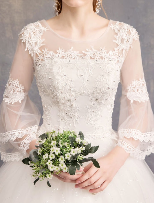 Ball Gown Wedding Dresses Tulle Jewel 3/4 Length Sleeve Floor Length Princess Bridal Gown