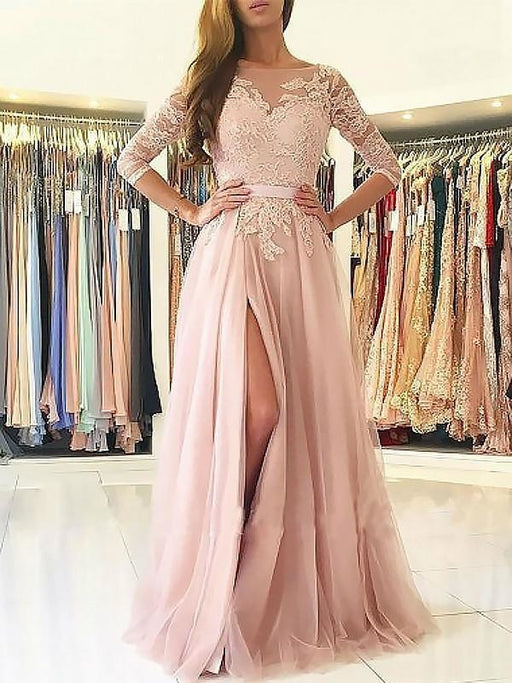 Bateau 3/4 Sleeves A-line Floor-Length With Applique Tulle Dresses - Prom Dresses