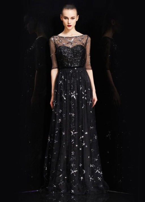 Bateau Neck Illusion Sweetheart Sequin Star Half Sleeves Tulle Prom Dress