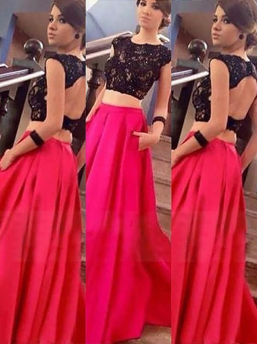 Bateau Sleeveless Satin Floor-Length With Lace Two Piece Dresses - Prom Dresses