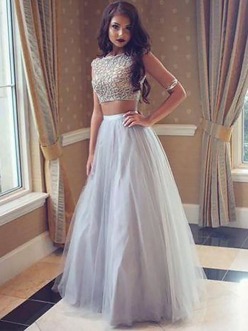 Bateau Sleeveless Tulle Floor-Length With Beading Two Piece Dresses - Prom Dresses