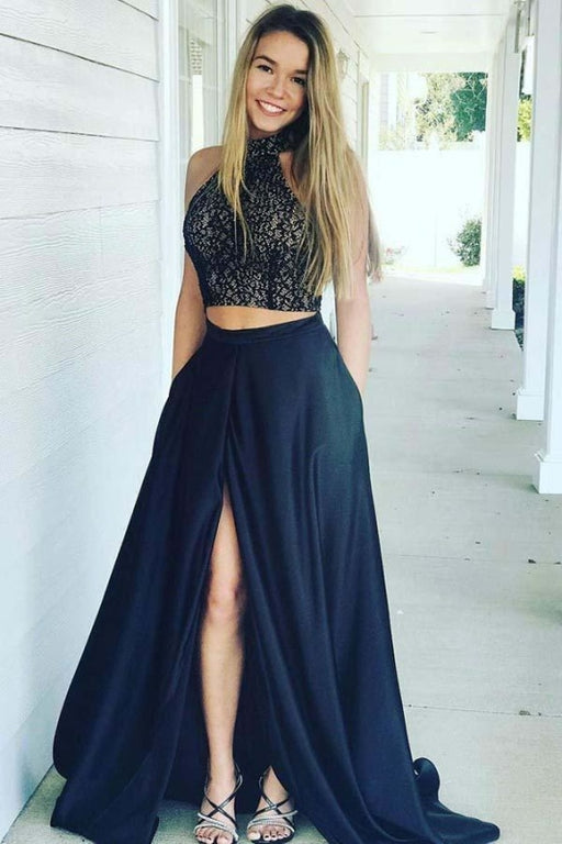 Navy Blue High Neck Prom Dress with Slit Two Piece Sleeveless Cheap Formal Dresses - Prom Dresses
