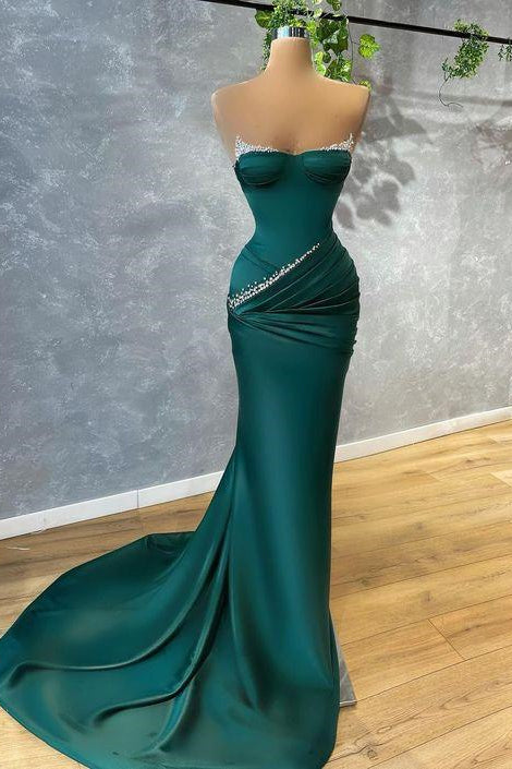 Strapless Mermaid Prom Dress in Dark Green with Beads