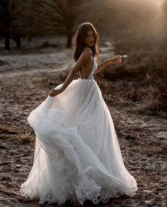 Beach Bohemian Wedding Dresses Spaghetti Backless Lace Tulle Wedding Dresses - Wedding Dresses