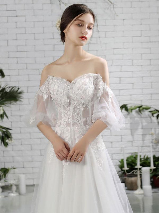 Beach Bridal Dress Ivory Off Shoulder Wedding Gowns Half Sleeve Flowers Beaded Sweetheart Neckline Maxi Wedding Dress For Summer
