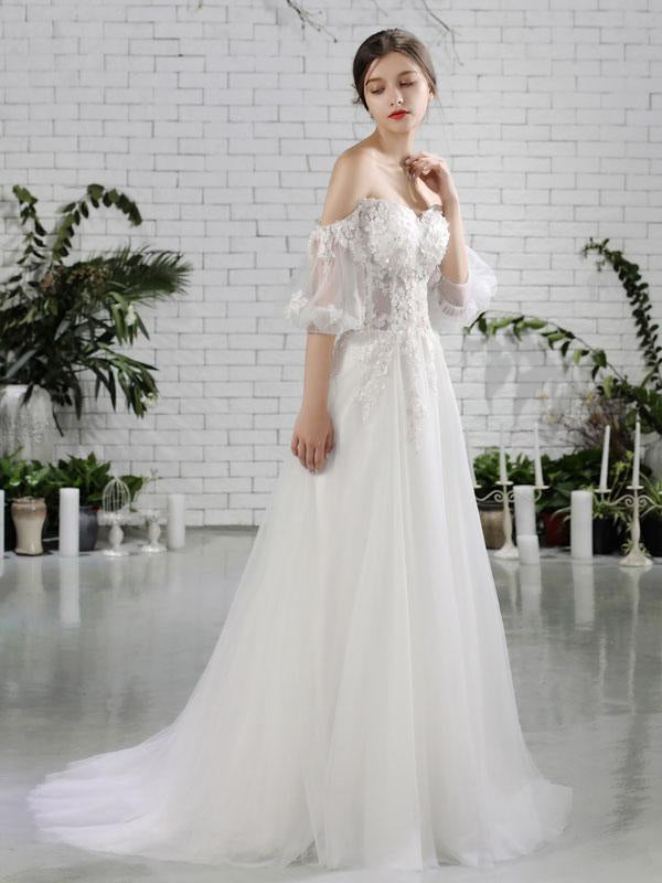 Ivory Off Shoulder Wedding Gowns Half Sleeve -Bridelily