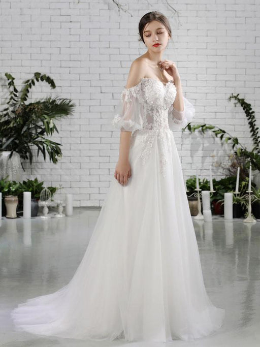 off the shoulder half sleeve wedding dress Lace Off Shoulder Sheer Half Sleeves Beaded Lace Up Plus Size Bridal Gown