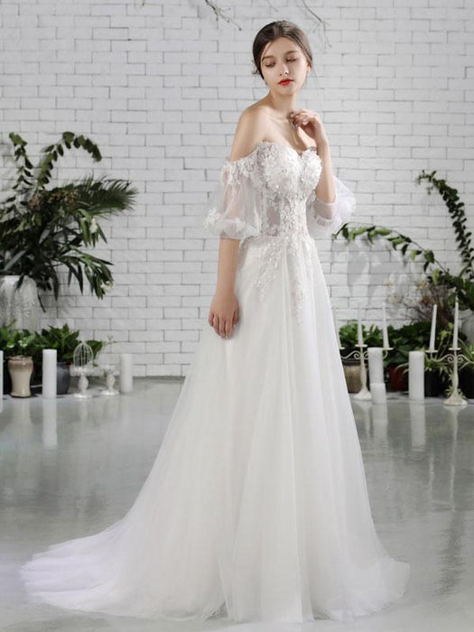 Ivory Off Shoulder Wedding Gowns Half Sleeve -Bridelily