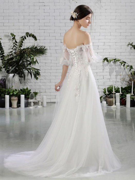 Ivory Off Shoulder Wedding Gowns Half Sleeve -Bridelily Ivory Off Shoulder Wedding Gowns Half Sleeve -Bridelily