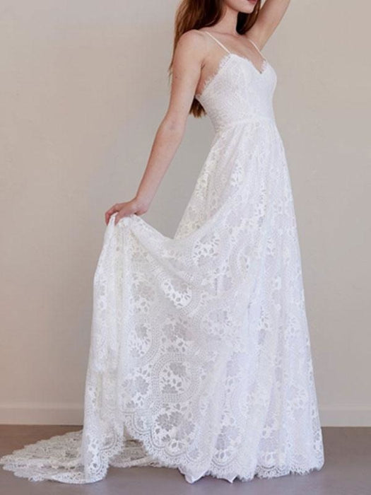 Beach Wedding Dress A Line Sweetheart Neck Straps Floor Length Lace Bridal Gown With Train