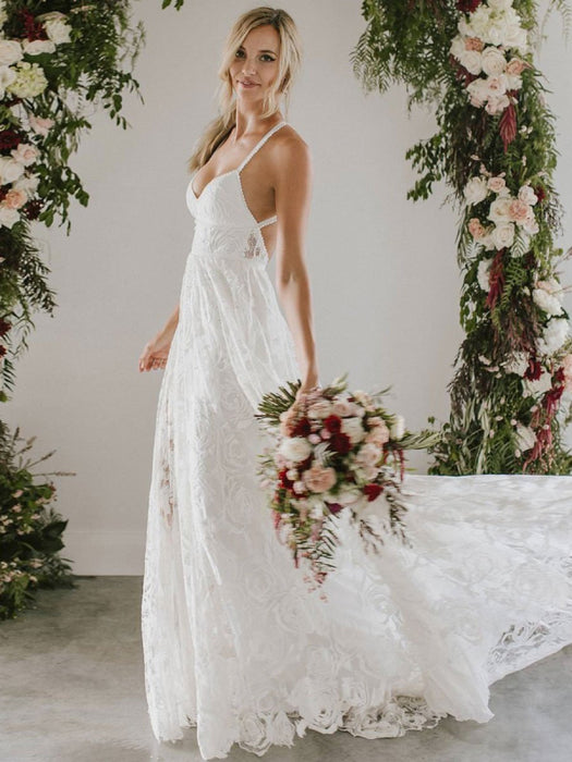 Split Beach Wedding Dress With Chapel Train On Sale-Bridelily Split Beach Wedding Dress With Chapel Train On Sale-Bridelily