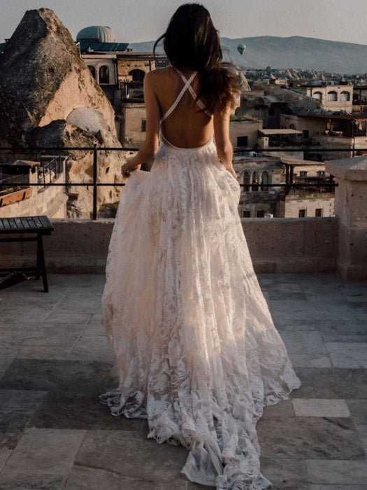 Split Beach Wedding Dress With Chapel Train On Sale-Bridelily