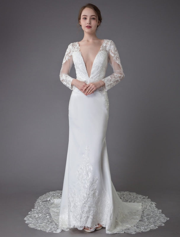Beach Wedding Dresses Ivory Lace V Neck Long Sleeve Mermaid Bridal Gown With Train
