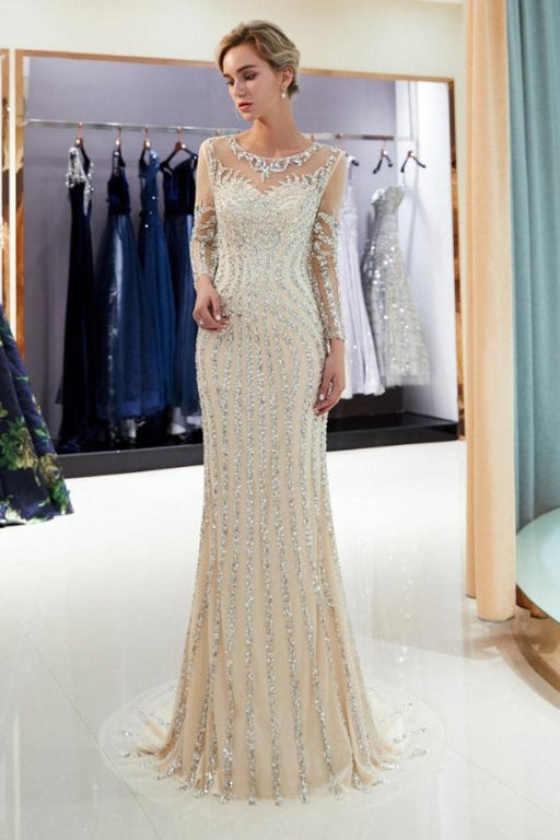 Beaded Evening Dresses Luxury Mermaid Crystal Sweep Train Long Sleeves Prom Dress - Prom Dresses