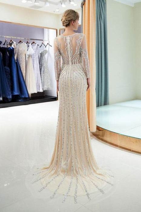 Beaded Luxury Mermaid Crystal Sweep Train Long Sleeves Prom Dress - Prom Dresses