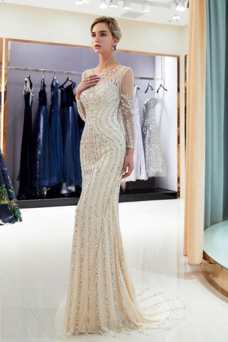 Beaded Luxury Mermaid Crystal Sweep Train Long Sleeves Prom Dress - Prom Dresses
