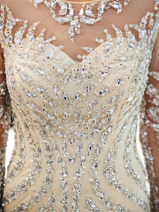 Beaded Luxury Mermaid Crystal Sweep Train Long Sleeves Prom Dress - Prom Dresses