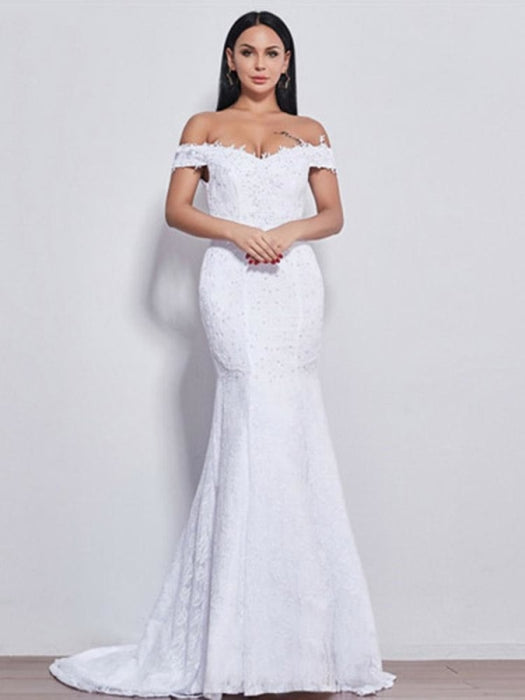 Beading Appliques Lace-up Mermaid Wedding Dresses - white / Floor Length - wedding dresses