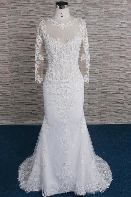 Beading Appliques Long Sleeve Mermaid Wedding Dress - Wedding Dresses