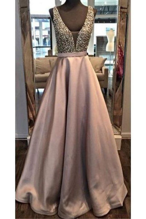 Beading Backless A-line Satin Beaded Prom Formal Dress Long - Prom Dresses