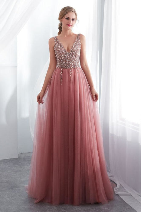 Beading V neck Pink High Split Tulle Sweep Train Sleeveless Evening Gown with Sequins - Prom Dresses