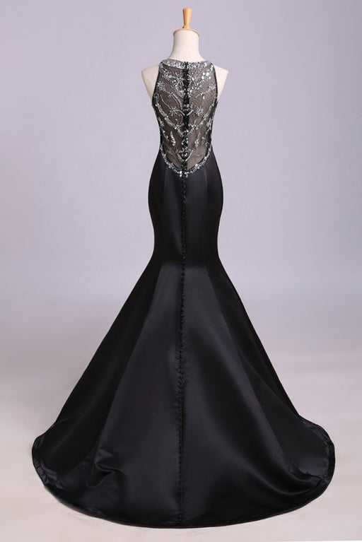 Beautiful Affordable Beautiful Black Mermaid Sleeveless Beaded Satin Prom Dress Long Evening Dresses - Prom Dresses
