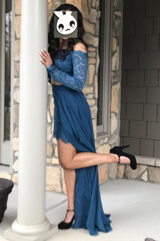 Beautiful Affordable Dark Teal Two Piece Long Sleeves Lace Chiffon Dress with Slit Off Shoulder Prom Dresses - Prom Dresses