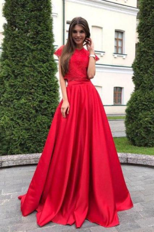 Beautiful Amazing Two Pieces Red Short Sleeve Satin with Lace Top Cheap Prom Dresses - Prom Dresses