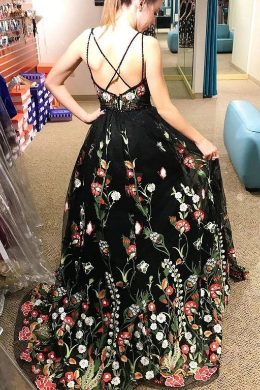 Beautiful Deep V Neck Sleeveless Black Long Prom with Flowers Unique Formal Dress - Prom Dresses