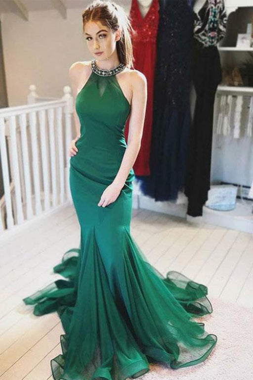 Beautiful Fabulous Marvelous Stunning Halter Green Prom Dress with Beading Mermaid Tulle Evening Gown - Prom Dresses